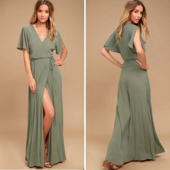 Lulus Dresses & Skirts - Lulu’s Much Obliged Washed Olive Green Wrap Maxi Dress Size Medium